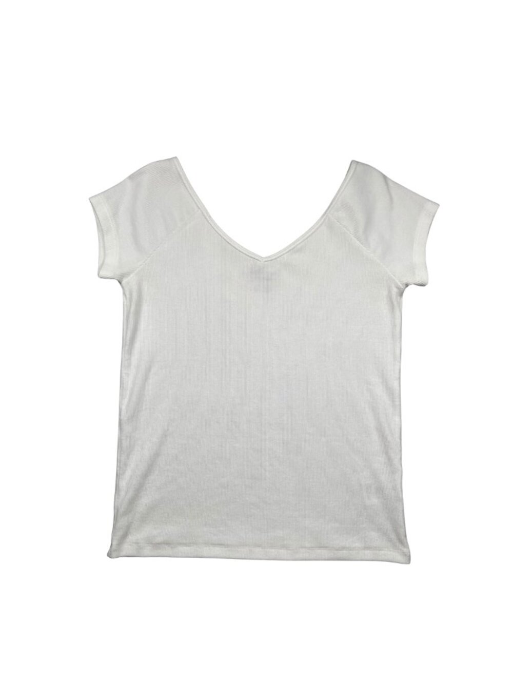 American Eagle White Ribbed V-Neck Short Sleeve Top Women's Large